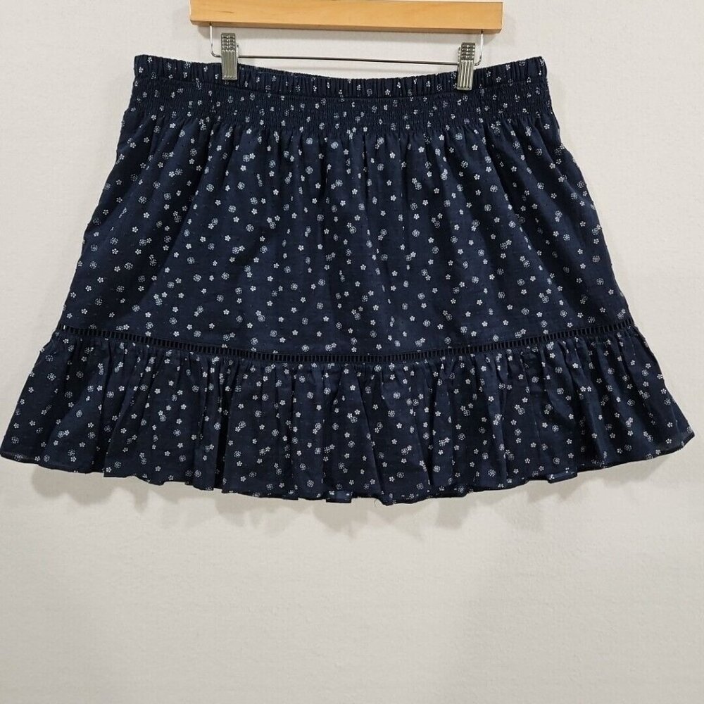 Madewell Womens Smock Waist Ruffle Mini Skirt Size XL Navy Blue Floral Pull On